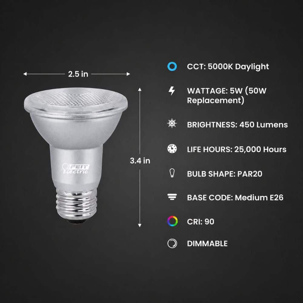Feit Electric 50-Watt Equivalent PAR20 Dimmable CEC Title 20 90 CRI E26 Flood LED Light Bulb, Daylight 5000K (2-Pack) (3)