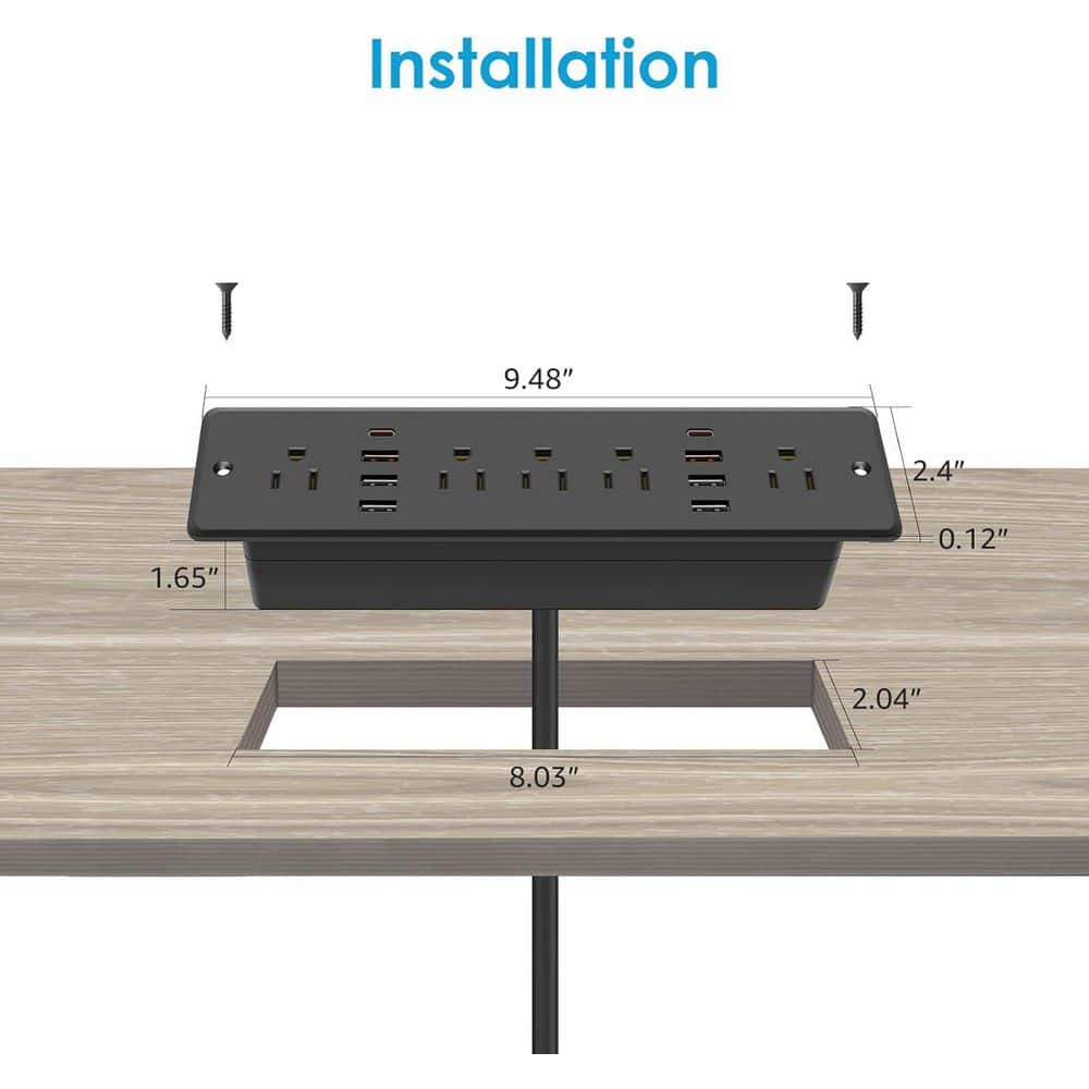 OBJLGEV 13 in 1 Recessed Power Strip Flat Plug Fast Charging Furniture Outlet with USB Surge Protection Socket Black (3)