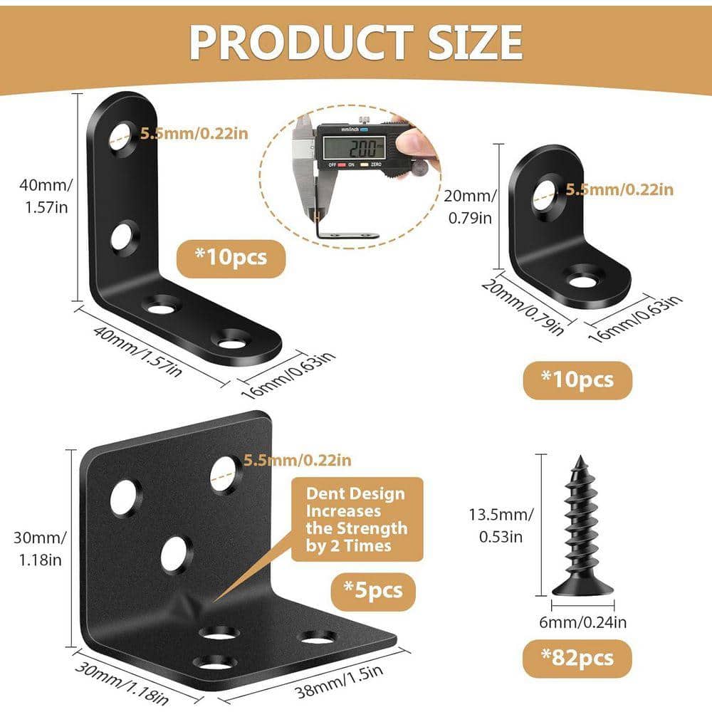 KIWDZFU L Brackets for Shelves Heavy Duty Metal Corner Braces 3 Sizes Sturdy Rustproof Black 107PCS with Screws (3)