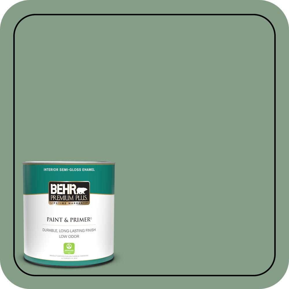 BEHR PREMIUM PLUS 1 qt. #S410-5 Track Green Semi-Gloss Enamel Low Odor Interior Paint & Primer