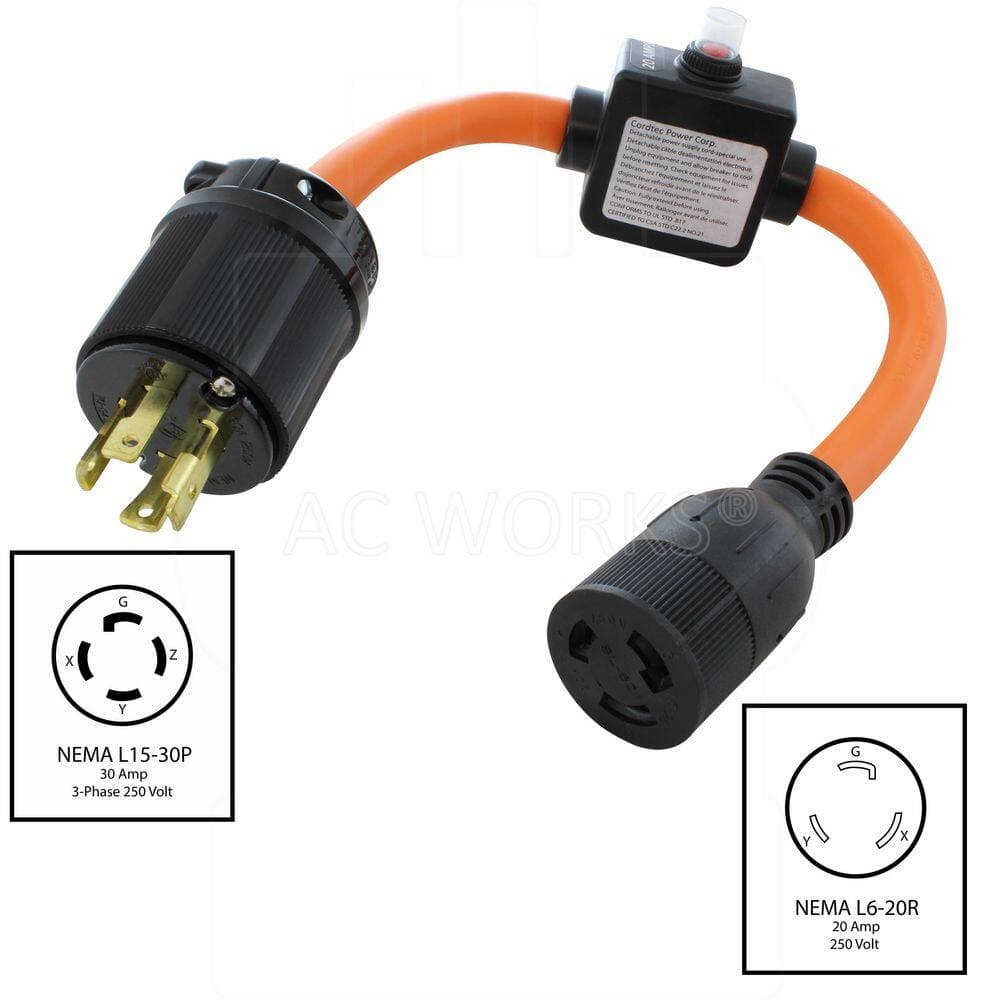 AC WORKS L15-30P Locking Plug to L6-20R Connector with Inline 20A Breaker 1.5 ft. 10 / 3 STW Indoor/Outdoor Cord in Orange (2)