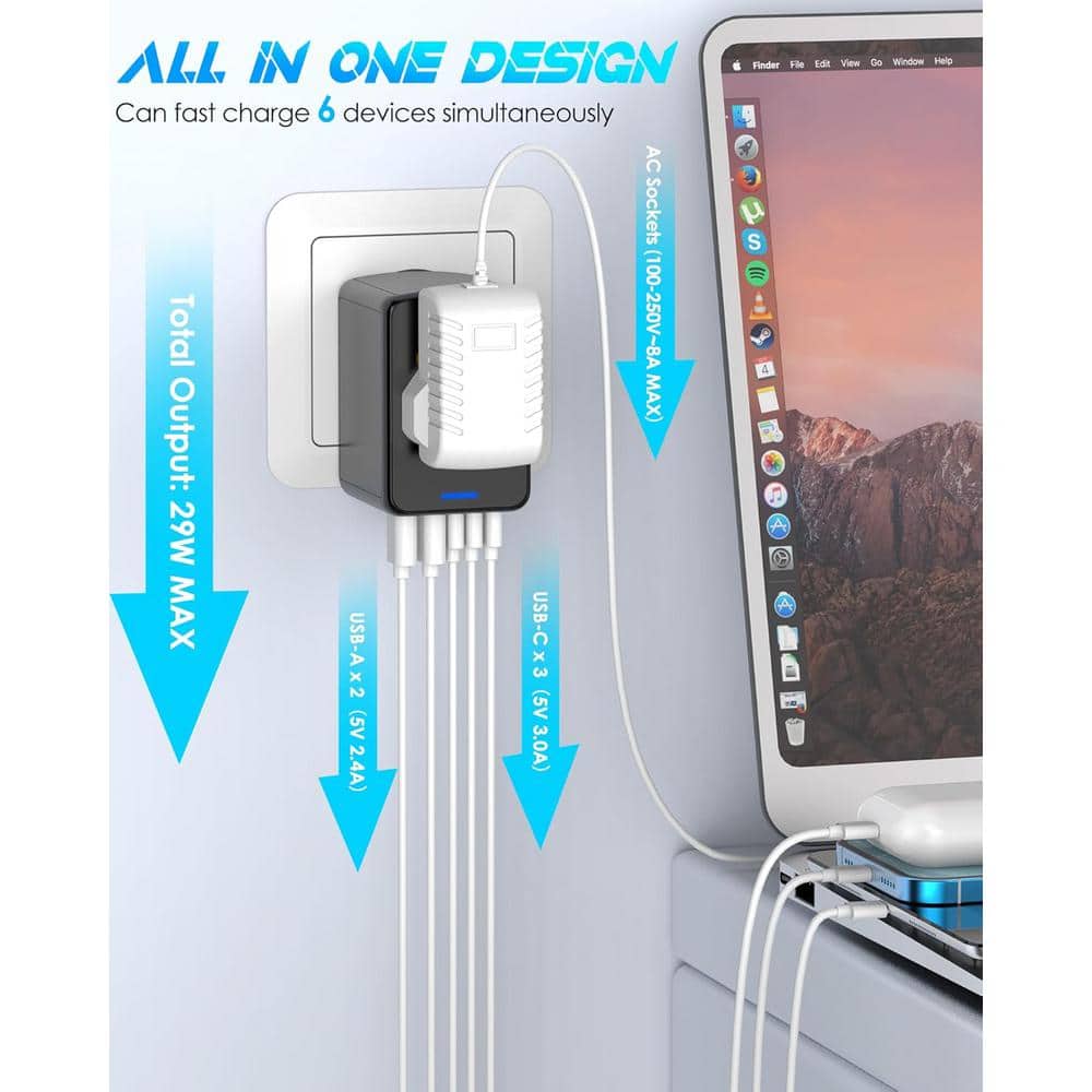 Lukyamzn 1-Outlet Surge Protector Universal Travel Plug Adapter with 3 USB-C Port and 2 USB-A Port for Phones and Laptops, Black (2)