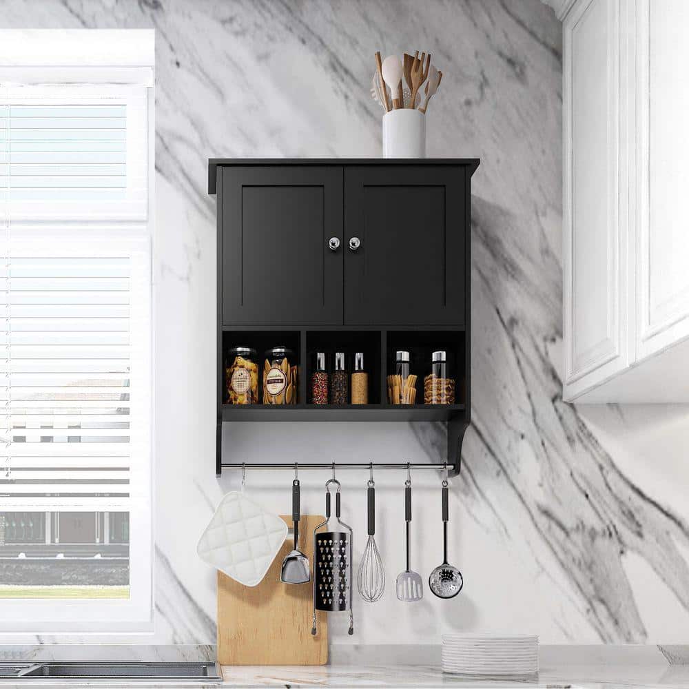 XUJMK Modern 28 in. W x 24 in. D x 8 in. H Bathroom Storage Wall Cabinets with Towel Bar for Small apartment in Black (1)