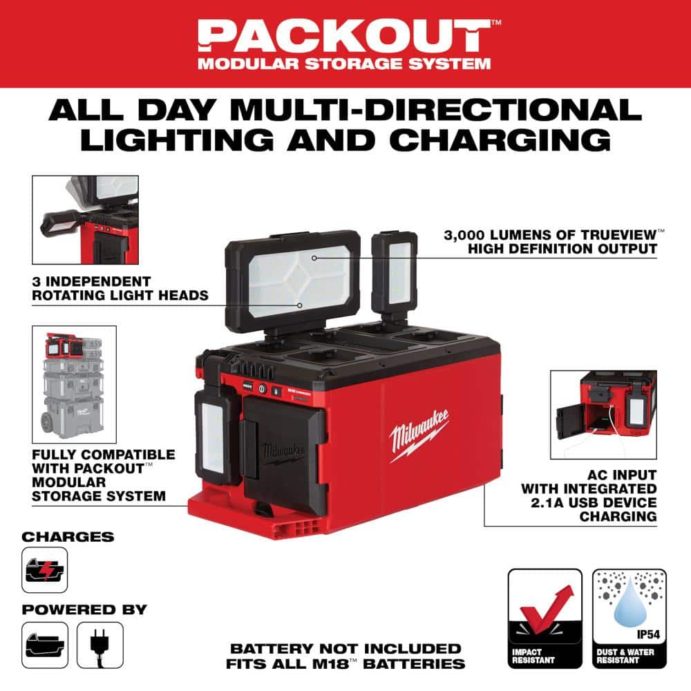 Milwaukee M18 18-Volt Lithium-Ion Cordless PACKOUT 3000 Lumens LED Light with Built-In Charger with (1) 5.0 Ah Battery (3)