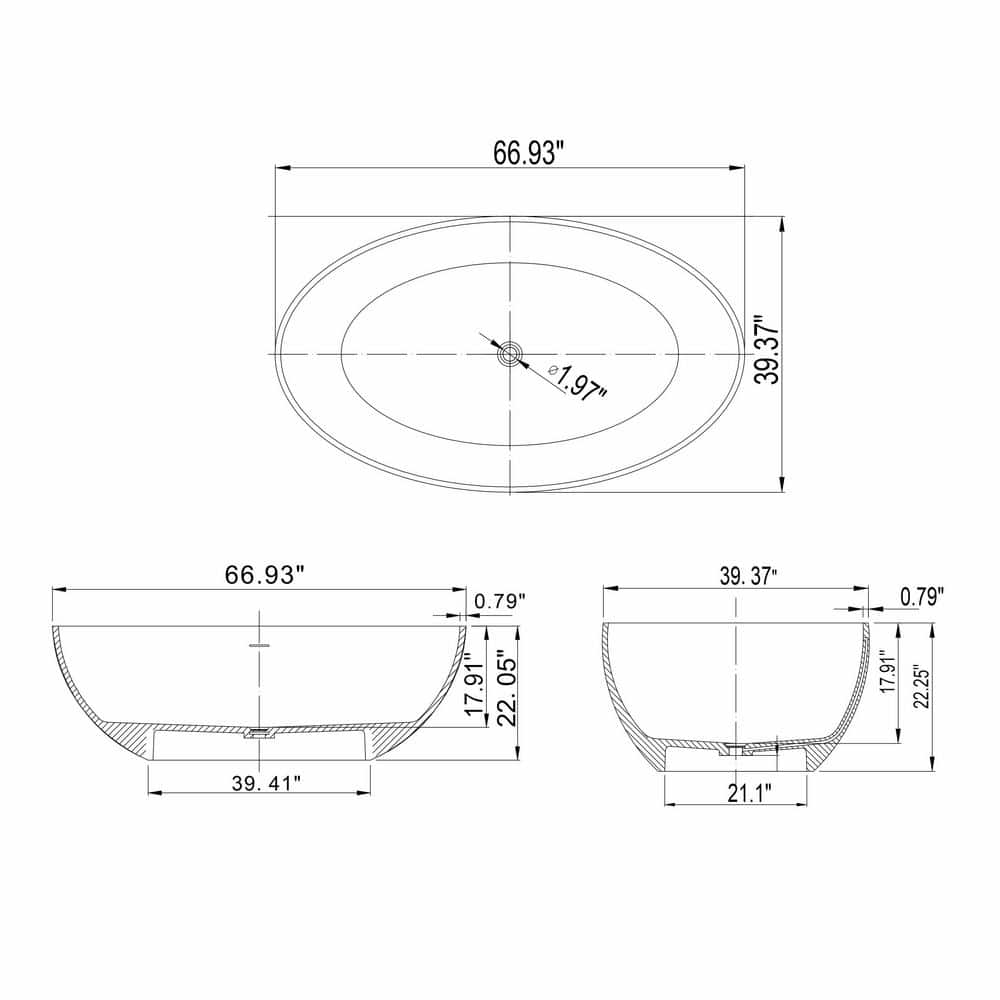 AVAXA 67 in. x 40 in. Stone Resin Flatbottom Solid Surface Freestanding Double Slipper Soaking Bathtub in Matte White (2)