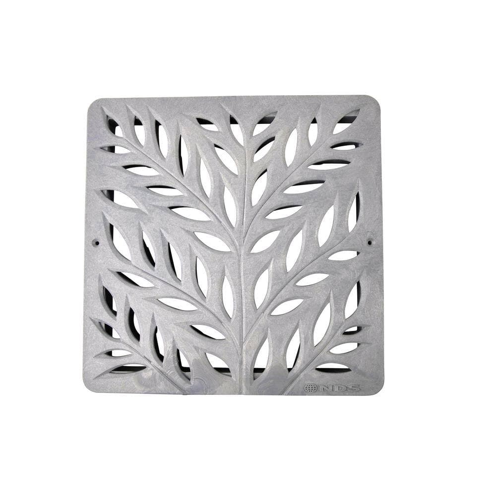 NDS 12 in. Square Catch Basin Drain Grate, Decorative Botanical Design, Gray Plastic (2)