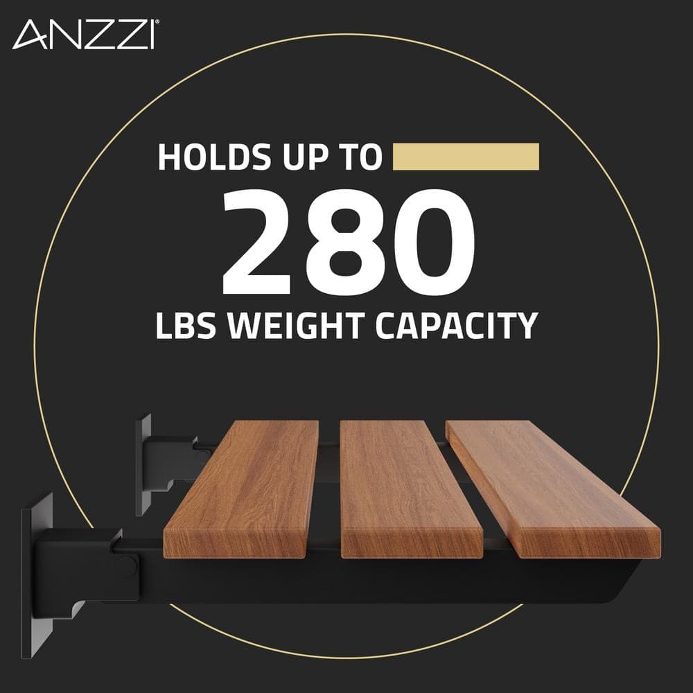 ANZZI Bohemian 12.5 in. D x 18.7 in. W Teak Wall Mounted Folding Walk in Shower Seat in Matte Black (2)