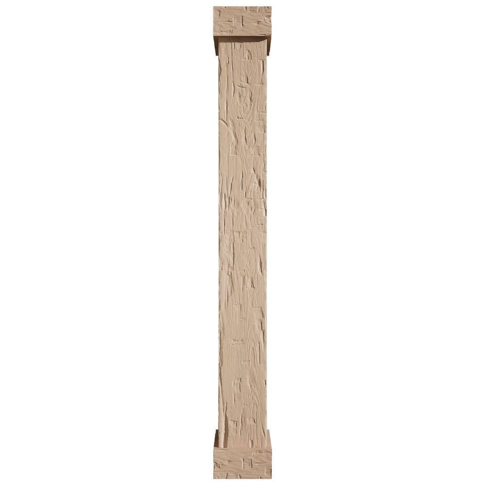 Ekena Millwork 14 in. x 9 ft. Hand Hewn Endurathane Faux Wood Non-Tapered Square Column Wrap w/ Standard Capital & Base (2)