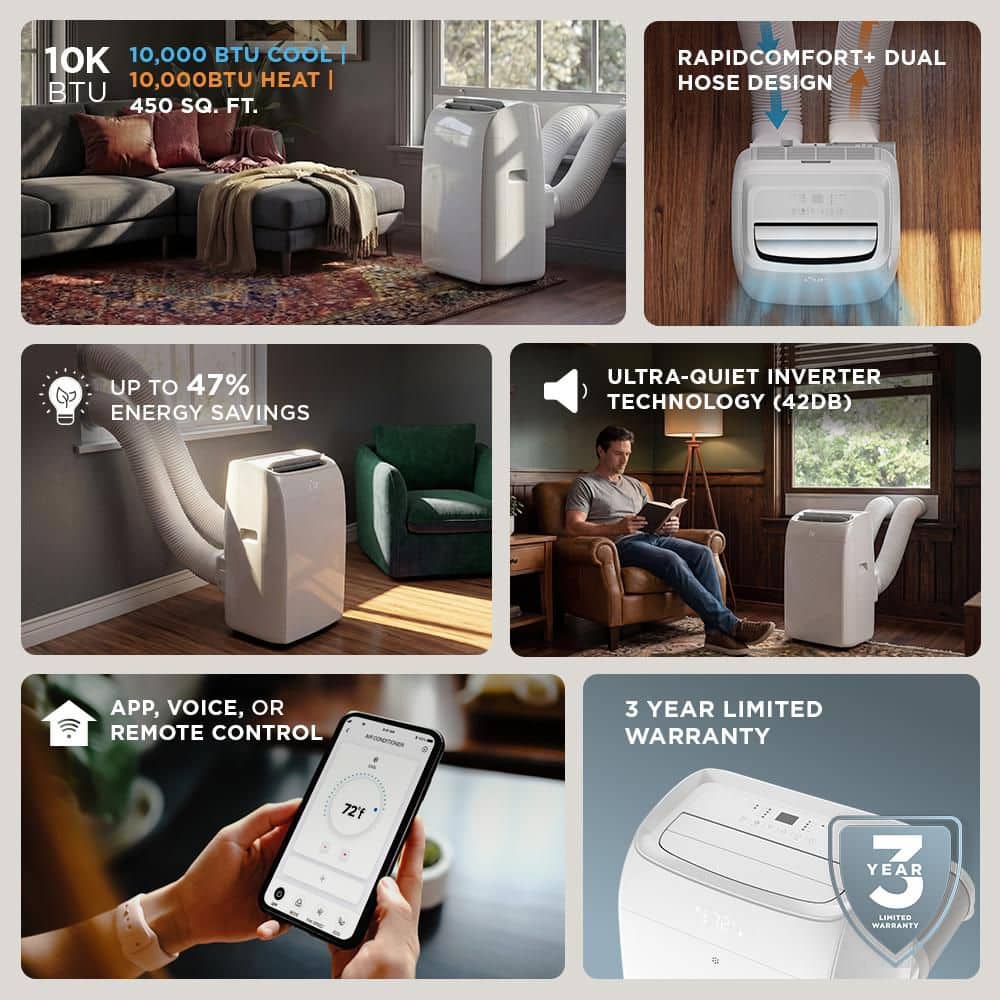 TCL 10,000 BTU (DOE) Q-Series Ultra-Quiet Smart Dual Hose Inverter Portable AC with Heat, Cools 450 Sq. Ft., Remote in White (4)