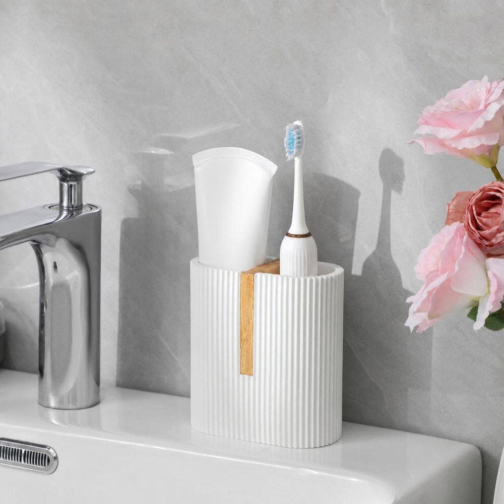 KHKFY Matte White Resin Toothbrush Holder with Marble Texture for Bathroom Countertop Organization 4.4 x 2.2 in. (3)