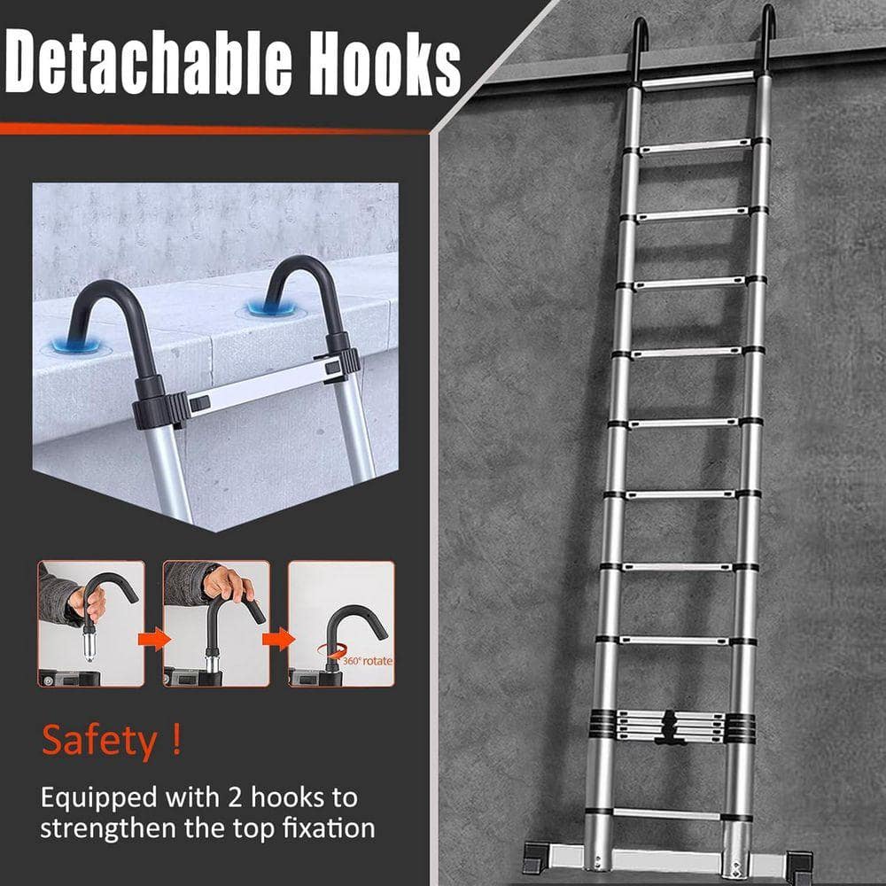 KIWDZFU 8.5 ft. Aluminum Telescoping Retractable Extension Ladder with Hooks Stabilizer for Home Loft 330 lbs. Load Capacity (2)