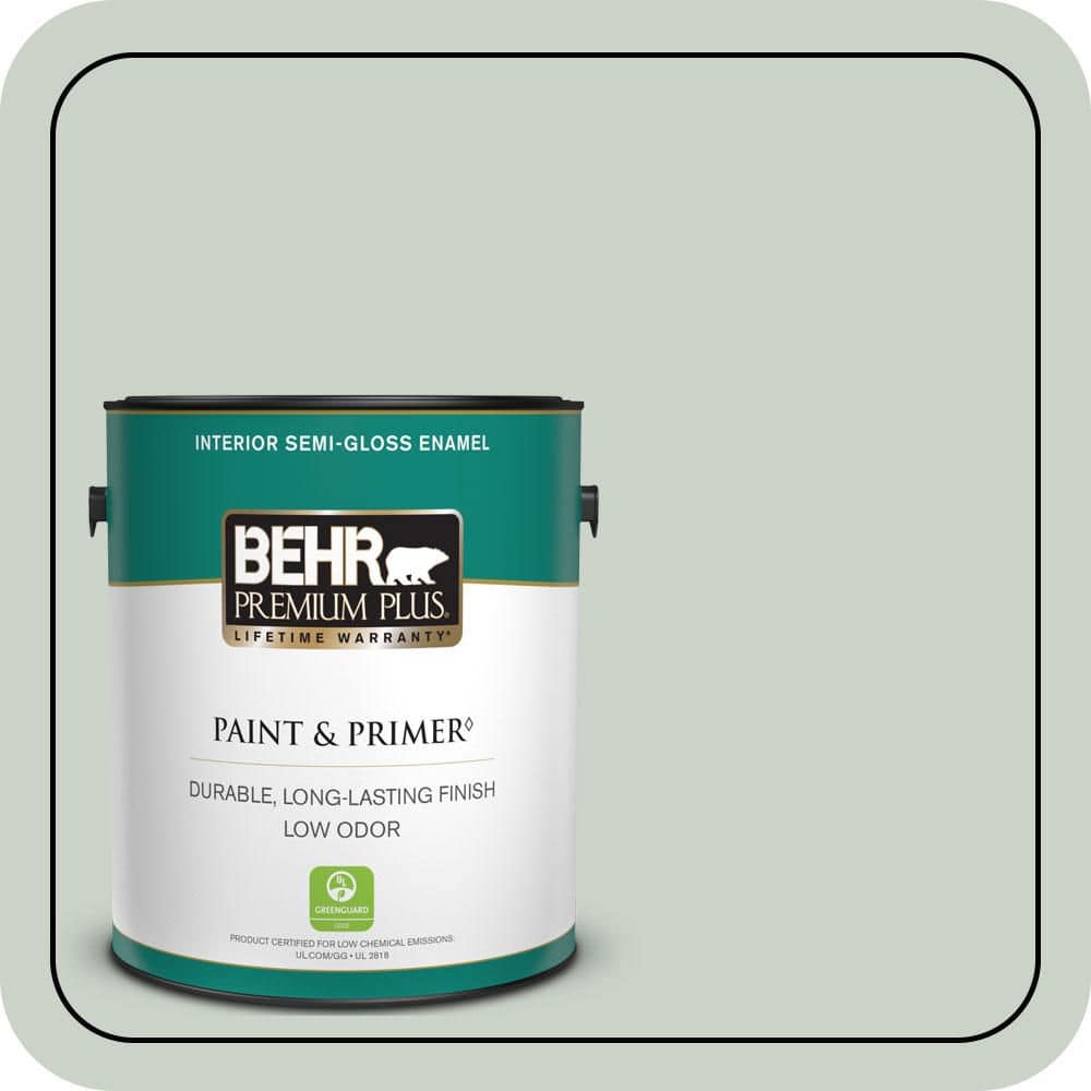 BEHR PREMIUM PLUS 1 gal. #MQ3-48 Shy Green Semi-Gloss Enamel Low Odor Interior Paint & Primer