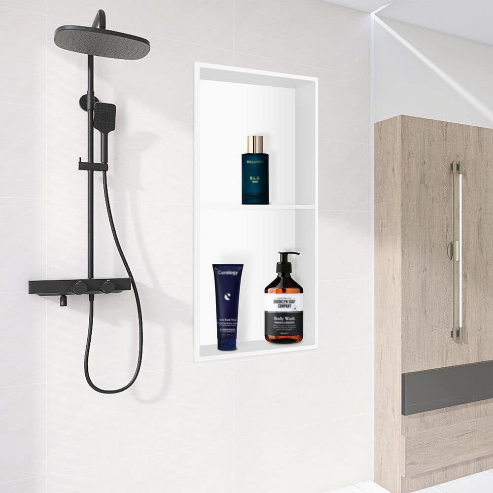 BWE 12 in. W x 24 in. H x 4 in. D Bathroom Shower Niche Double Shelf Niche Over Mount Installation in White (2)