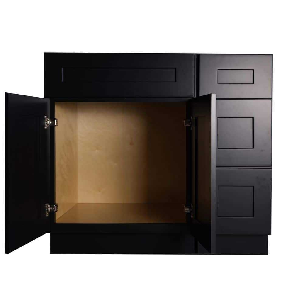 Plywell Shaker W 34.5 in. H 21 in. D Bath Vanity Cabinet without Top with 3 Right Drawers Black Assembled (4)