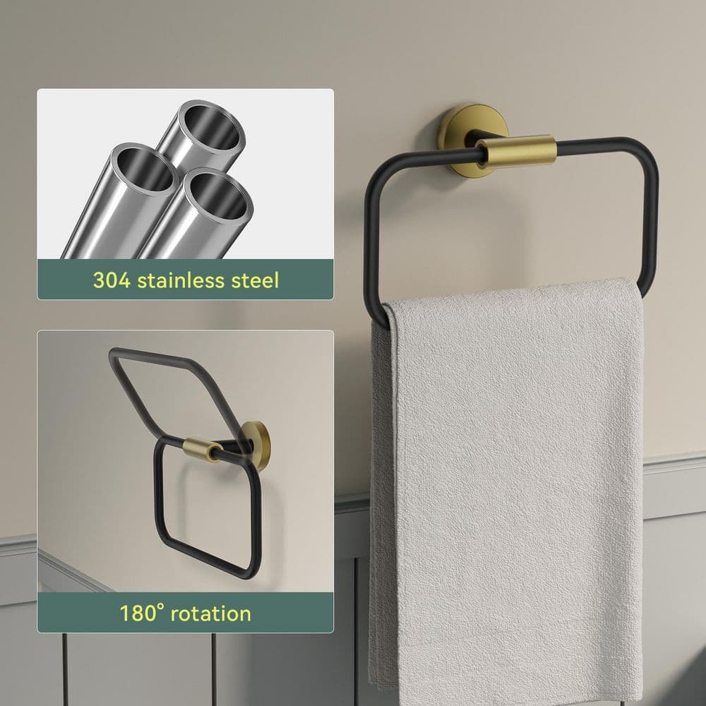 BWE 5-Piece Bath Hardware Set with Towel Rack, Toilet Paper Holder, Towel Ring and 2-Towel Hook Gold and Black (3)