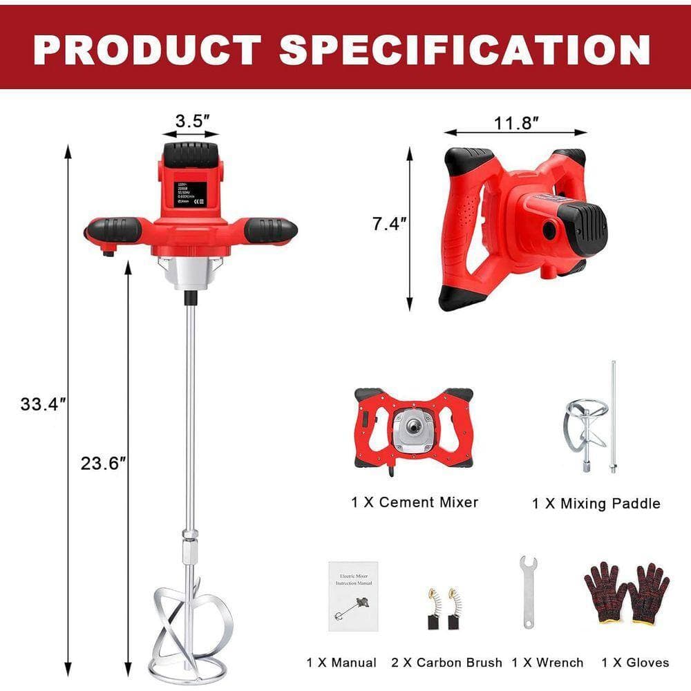 KIWDZFU Handheld Electric Cement Mixer 6-Speed Adjustable Red Mud Mixer Drill Tool for Concrete Paint Mortar Grout Plaster (3)