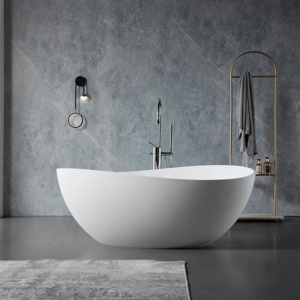 UPIKER 63 in. Stone Resin Oval Flatbottom Non-Whirlpool Freestanding Bathtub Soaking Tub in Matte White (1)