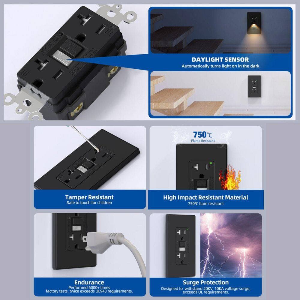 ELEGRP GFCI Outlet with Night Light, 125V Tamper Resistant Duplex wall outlet, Wall Plate included, Matte PC (2)