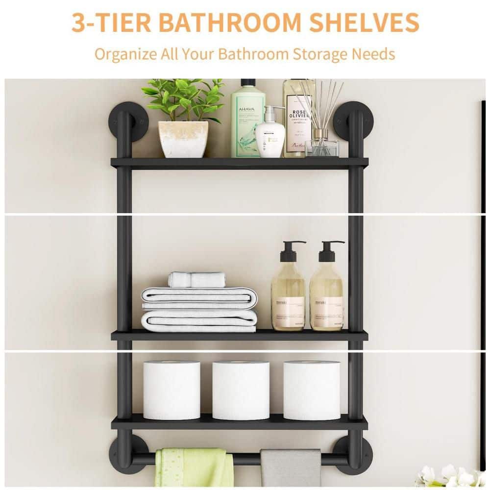 Numhew 3-Tier 14.1 in. W 25.7 in. H x 5.9 in. D Stainless Steel Shelf with Towel Bar, Wall Mounted Floating Rack Over Toilet (3)