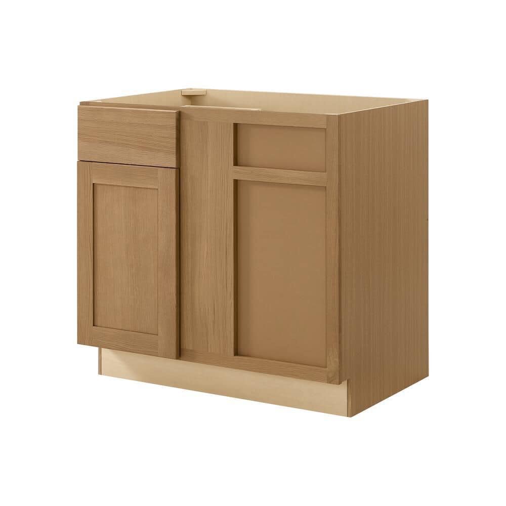 Hampton Bay Avondale 36 in. W x 24 in. D x 34.5 in. H Ready to Assemble Plywood Shaker Corner Blind Kitchen Cabinet in White Oak