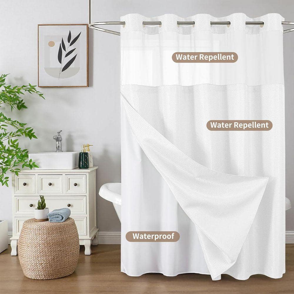 JFVKAF No Hook Shower Curtain with Snap in Fabric Liner Waffle Weave Heavy Duty Waterproof 72 x 75 White (2)