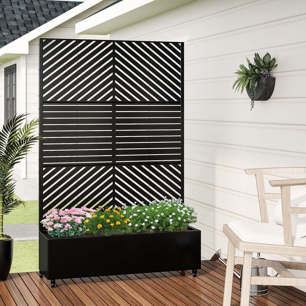 PexFix 72 in. H x 47 in. W Rectanglar Black Outdoor Metal Privacy Screen Planter Box Wall Decor (3)