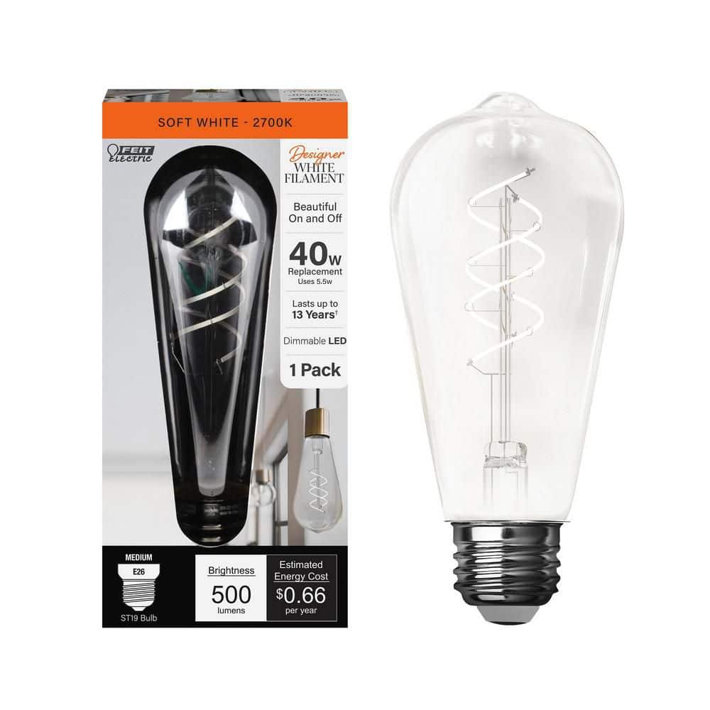 Feit Electric 40-Watt Equivalent ST19 Dimmable Double Spiral White Filament Clear E26 Vintage Edison LED Light Bulb, Soft White 2700K