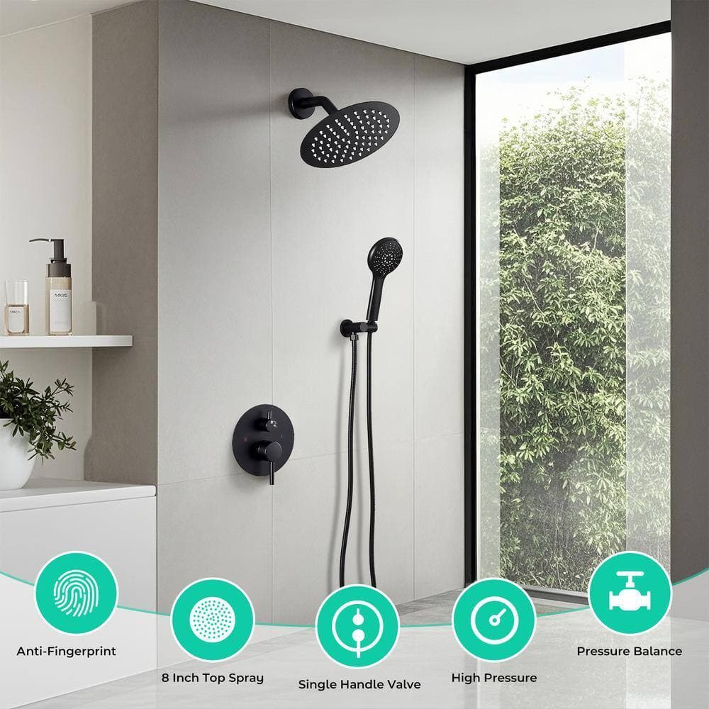 AKLFGN Single Handle 2-Spray 8 in Round Shower Faucet 2.5 GPM with 360° Swivel in. Matte Black (2)