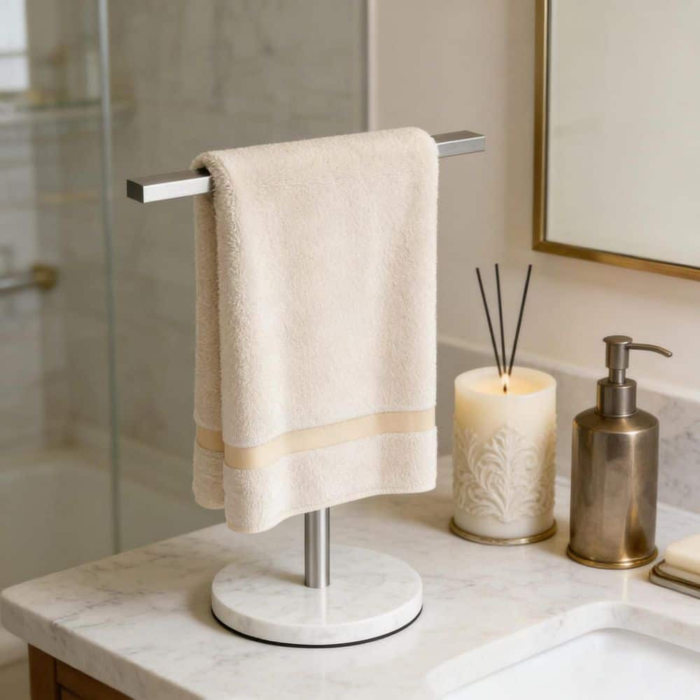 Anqtovp Towel Rack 1 Piece T-Shape Hand Towel Holder Stand in Brushed Nickel with Weighted Marble Base Stainless Steel Bathroom (2)