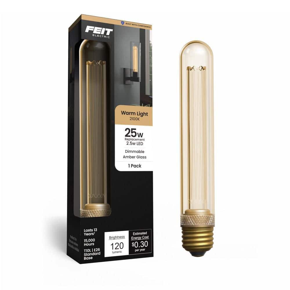 Feit Electric 25-Watt Equivalent T10 Dimmable White Filament Amber Acrylic E26 Medium Vintage LED Tubular Light Bulb, Warm White 2100K (2)