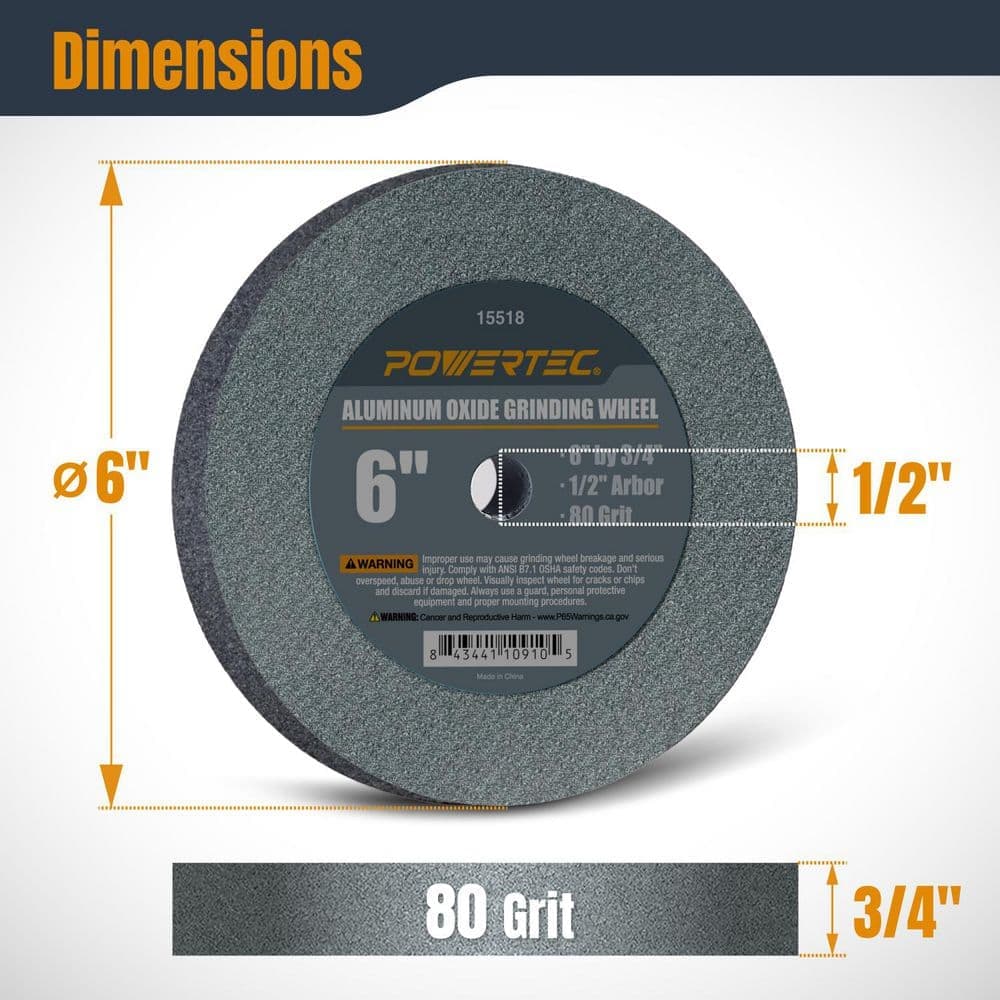 ‎POWERTEC 6 in. x 3/4 in. 80-Grit 1/2 in. Arbor Aluminum Oxide Grinding Wheel for Bench Grinder (3)