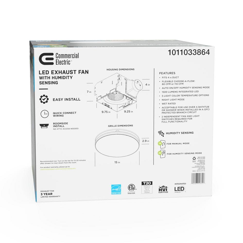 Commercial Electric 80 /110 CFM Ceiling/Wall Mount Roomside Installation Round Bathroom Exhaust Fan with LED,Night Light and Humidity Sensor (4)