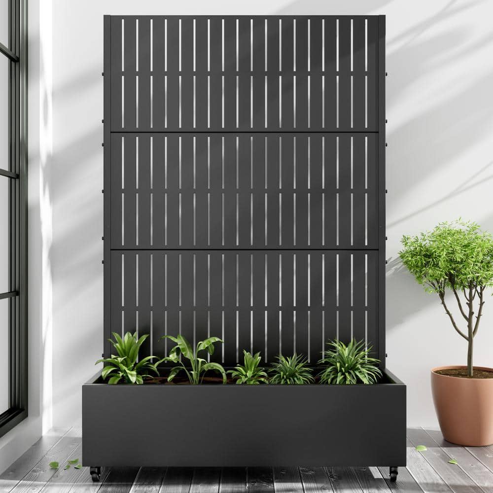 Lirago 72 in. x 47 in. Arch Black Outdoor Metal Privacy Screen Raised Planter Box Wall Decor (2)