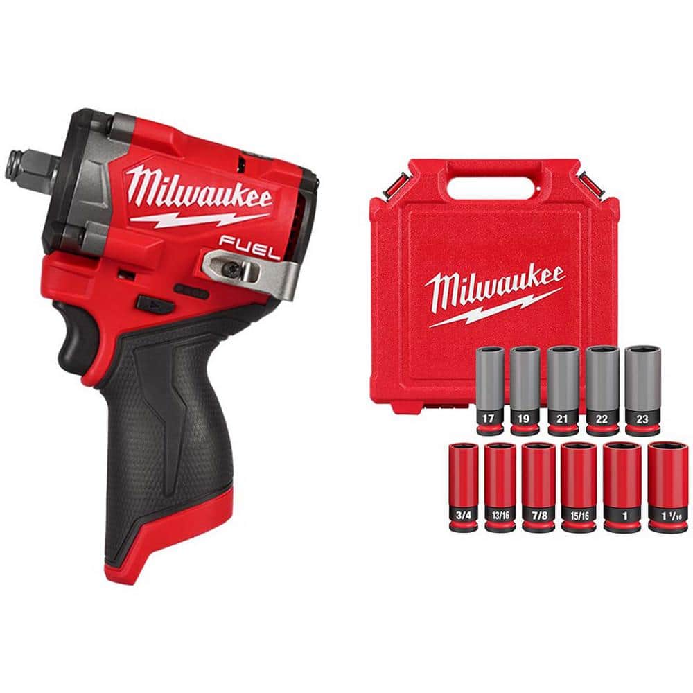 Milwaukee M12 FUEL 12V Li-Ion Brushless Cordless Stubby 1/2 in. Impact Wrench w/SAE & Metric Lug Nut Impact Socket Set (11-Pc) (1)
