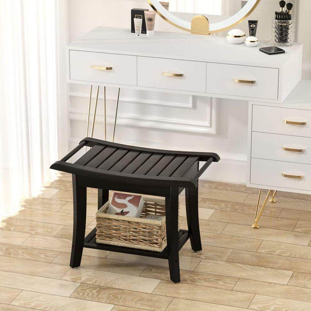 Dracelo 13.4 in. D x 24 in. W x 18.5 in. H Black Bathroom Bamboo Shower Bench Seat with Storage Shelf (3)