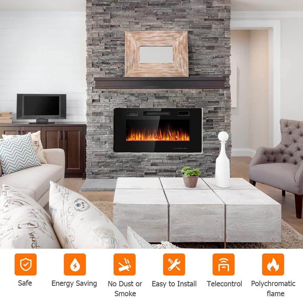 Costway 5100 BTU 36 in. Fireplace Recessed Ultra-Thin Electric Wall-Mounted Heater Furnace with Multicolor Flame (2)