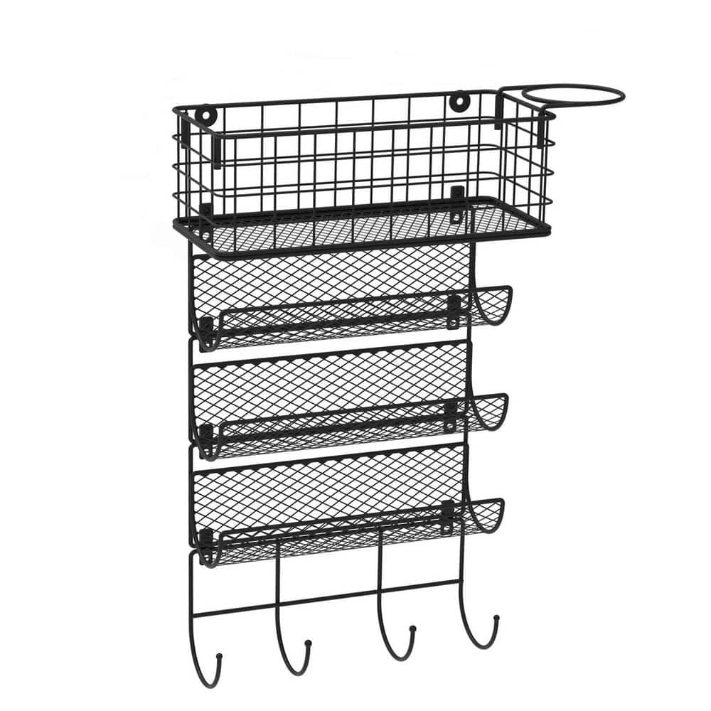 Wudkey Wall-Mounted Hair Dryer Holder, Hair Tool Organizer in Black with 1-Basket, 3-Shelves and Hooks, Heat Safe Rack (1)