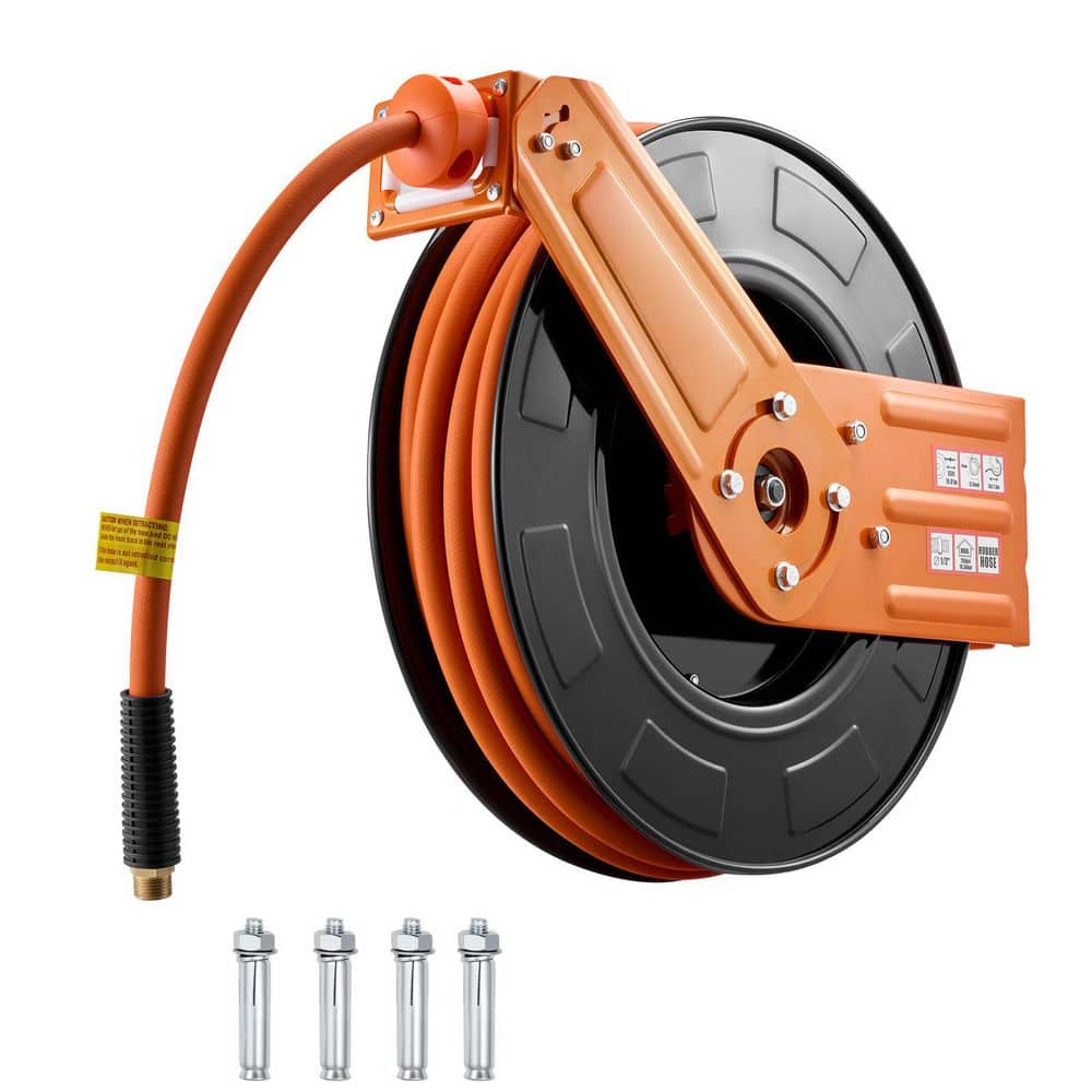 VEVOR Retractable Air Hose Reel, 1/2 in. x 50 ft. Rubber Air Hose Max 300 PSI, Auto Rewind Air-Compressor Hoses Reel