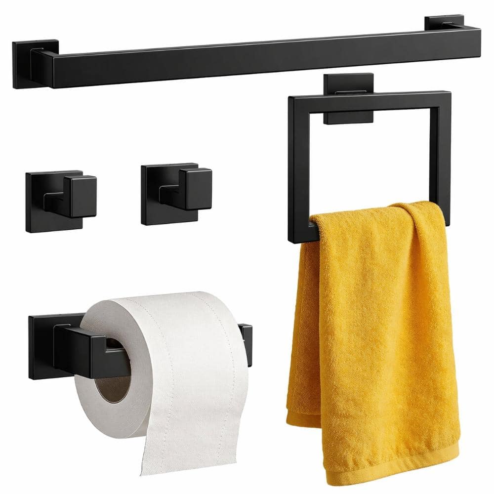 Unbranded Matte Black 5-Piece Bathroom Hardware Set with Towel Bar, Toilet Paper Holder, Ring, and Hooks