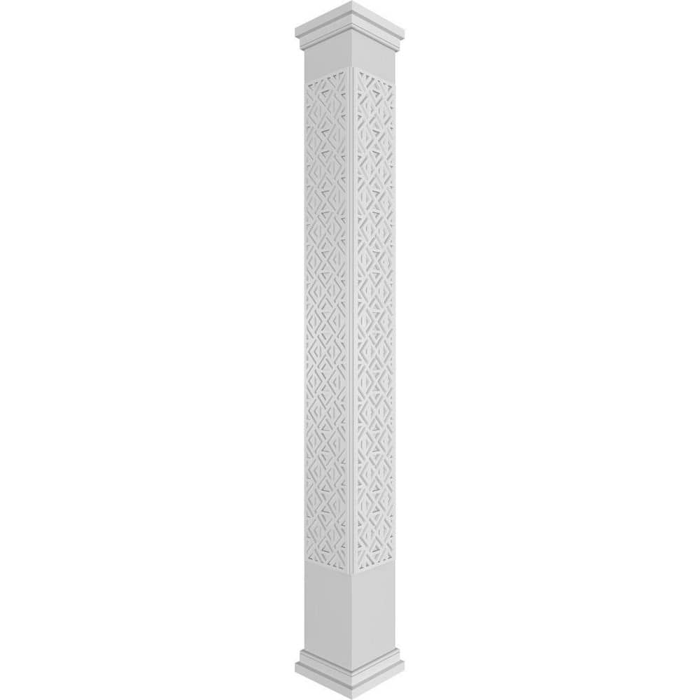 Ekena Millwork 9-5/8 in. x 8 ft. Premium Square Non-Tapered Mid-Century Fretwork PVC Column Wrap Kit with Prairie Capital and Base (1)