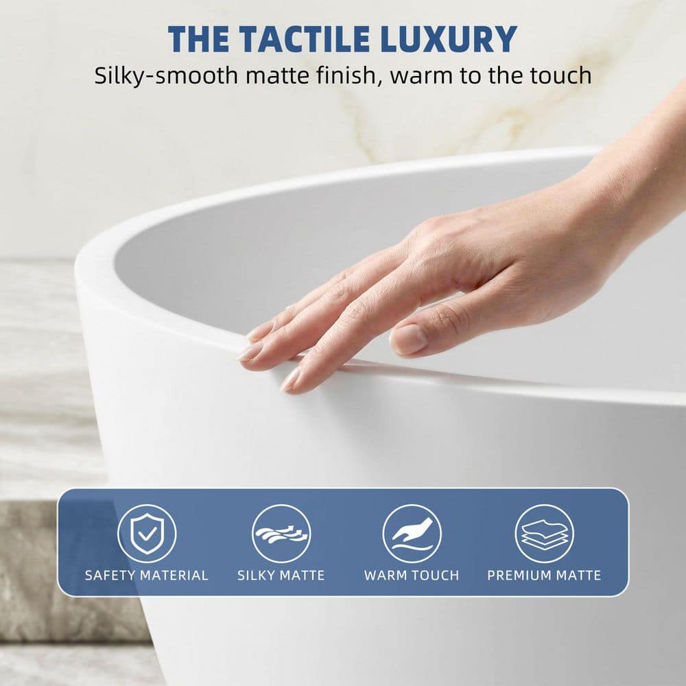 ANGELES HOME 67 in. x 32 in. Soaking Stone Resin Solid Surface Flatbottom Freestanding Bathtub with Center Drain in Matte White (3)