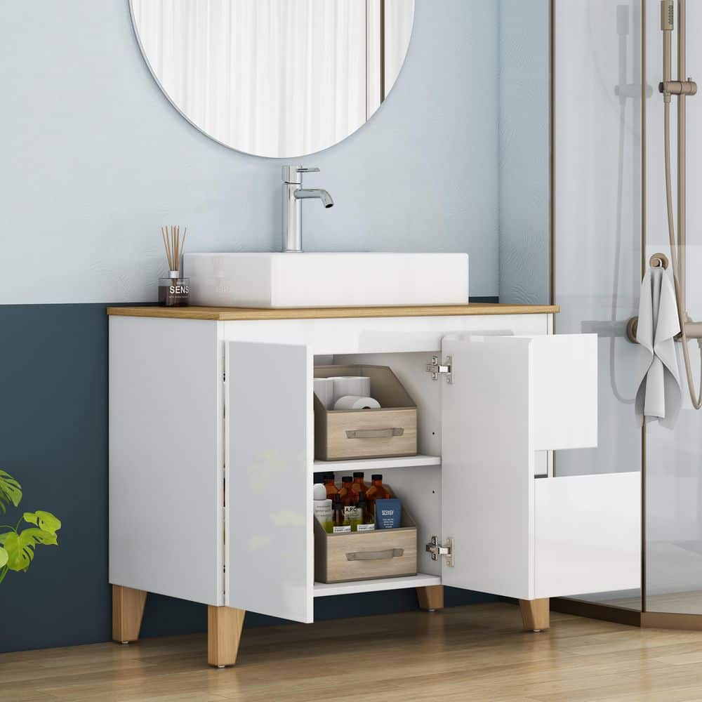 Afhocomp 36 in. Single Sink Freestanding Glossy White Bath Vanity with Natural Solid Wood Top (3)