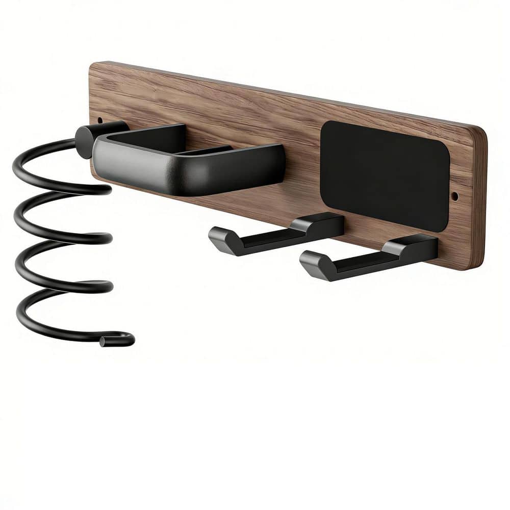 Numhew 12.1 in. W Wall Mounted 3 in 1 Hair Tool Organizer for Hair Dryer, Curling Iron and Flat Iron, Walnut Matte Black (1)