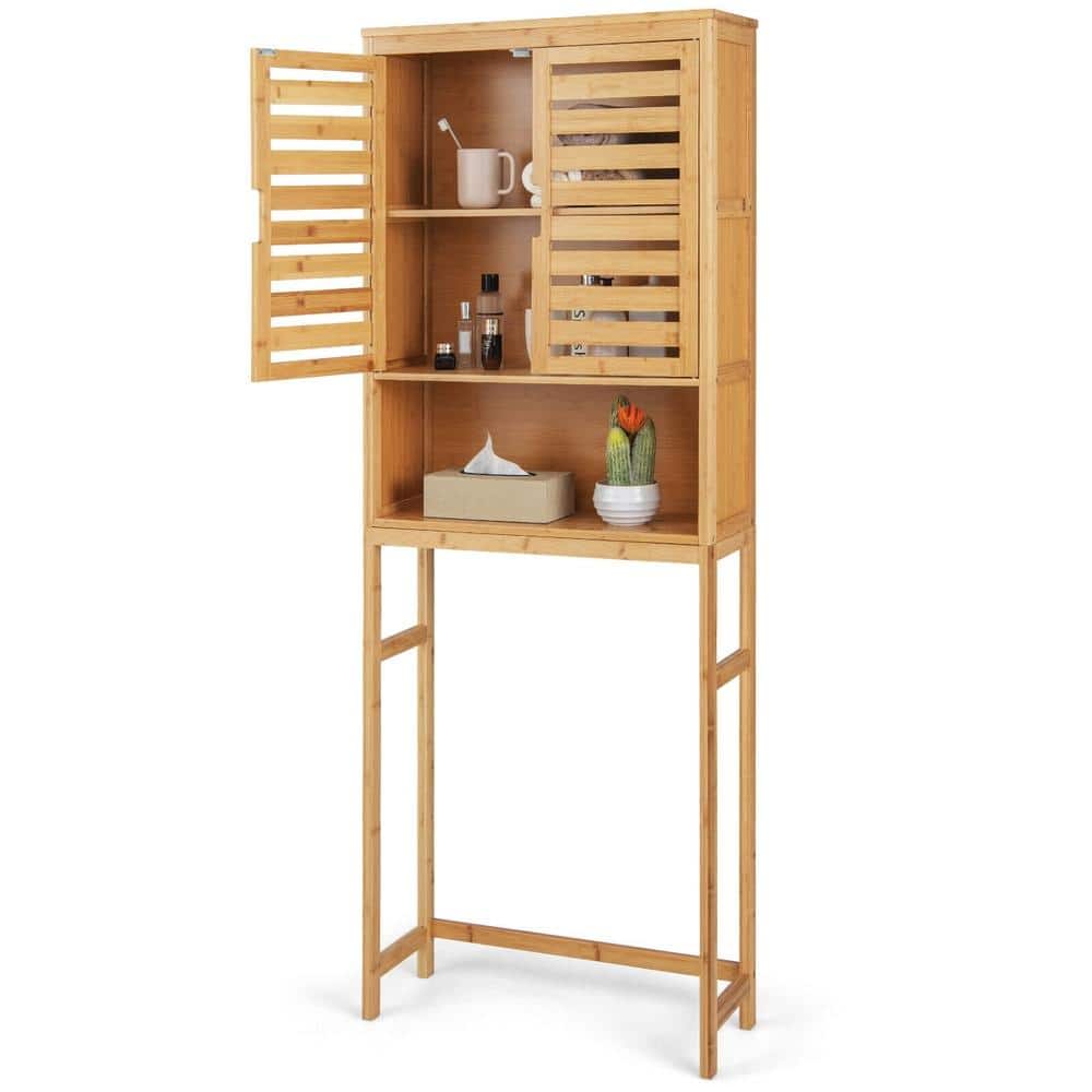 HONGGE Bamboo Over-the-Toilet Storage Cabinet with Adjustable Shelf Louvered Doors and Anti-Toppling Kit (1)