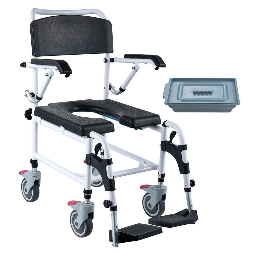 SVOPES Shower Commode Wheelchair, 4-Lockable Wheels, Footrests, 34.45 in. x 22.05 in. Armrests, Toilet Seat, Black (1)
