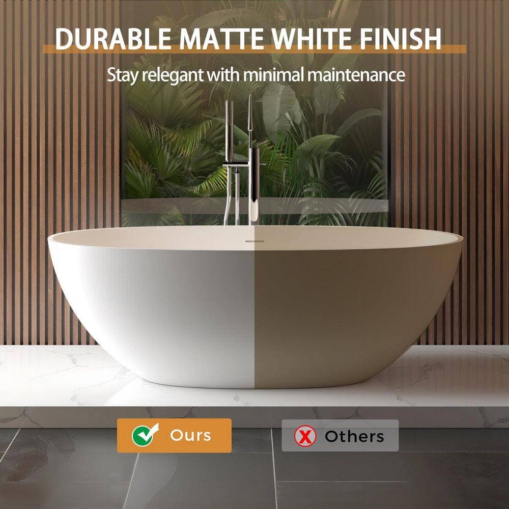 Coporesell 65 in. x 29.5 in. Solid Surface Stone Resin Freestanding Soaking Bathtub in Matte White with White Center Drain (3)