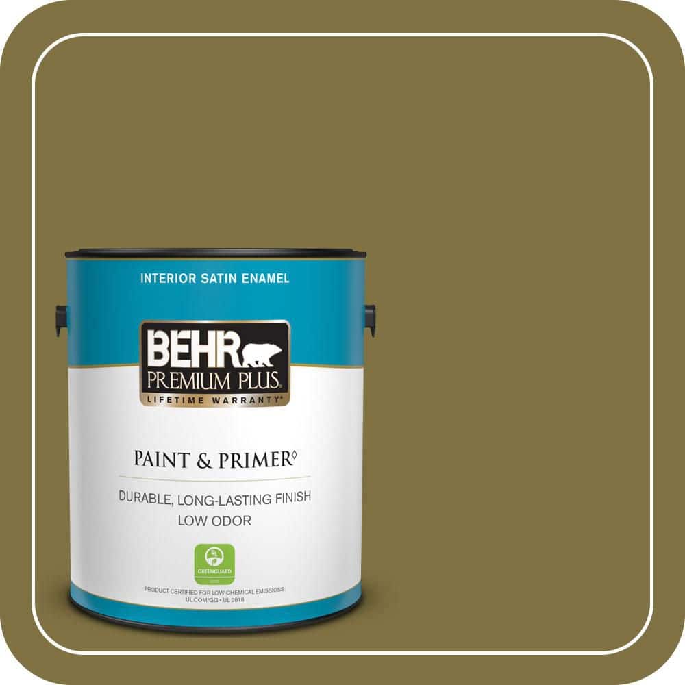 BEHR PREMIUM PLUS 1 gal. #S-H-390 Italian Olive Satin Enamel Low Odor Interior Paint & Primer