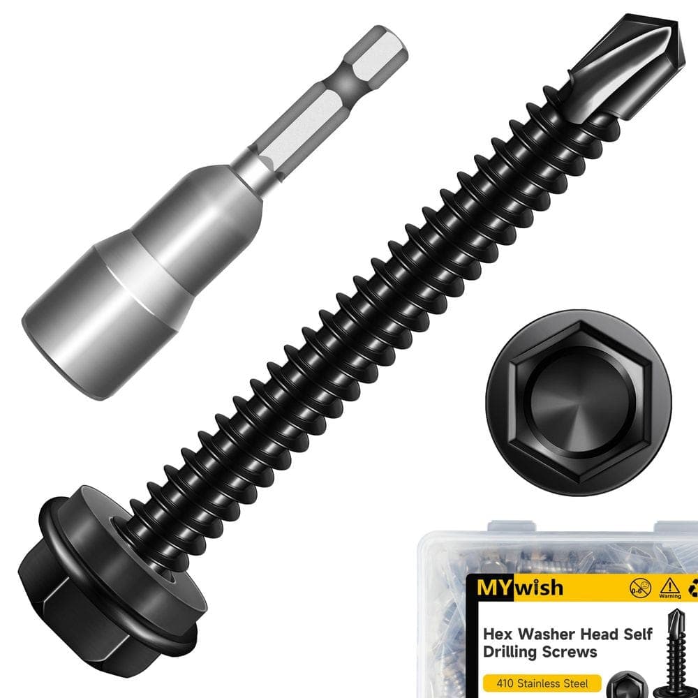 MYWISH #12 x 2 in. Black Oxide 410-Stainless Steel Hex Washer Head Self Drilling Sheet Metal Screws (50-Pack) (1)