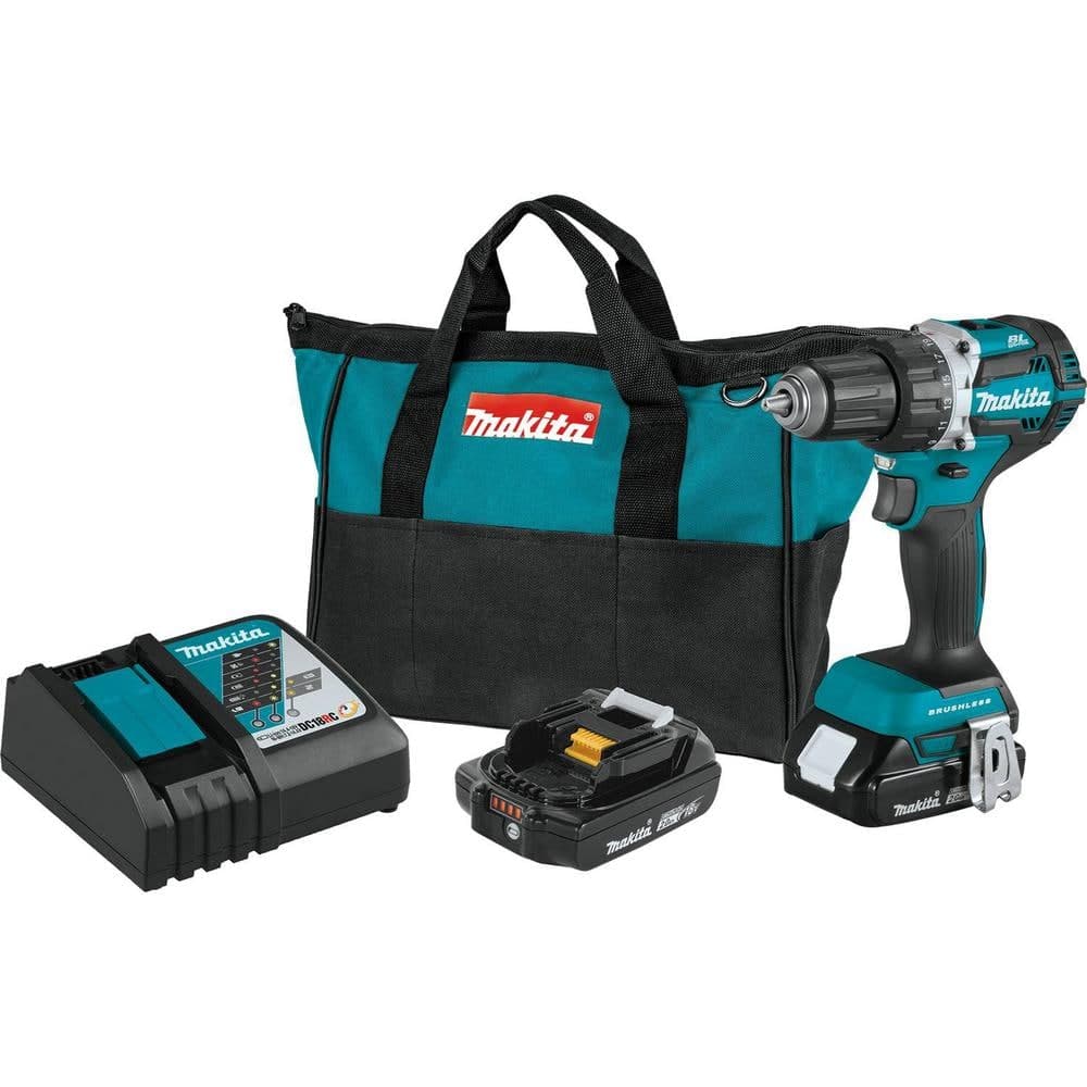 Makita 18V LXT Lithium-Ion Compact Brushless Cordless 1/2 in. Driver-Drill Kit w/ (2) Batteries (2.0Ah), Charger, Bag