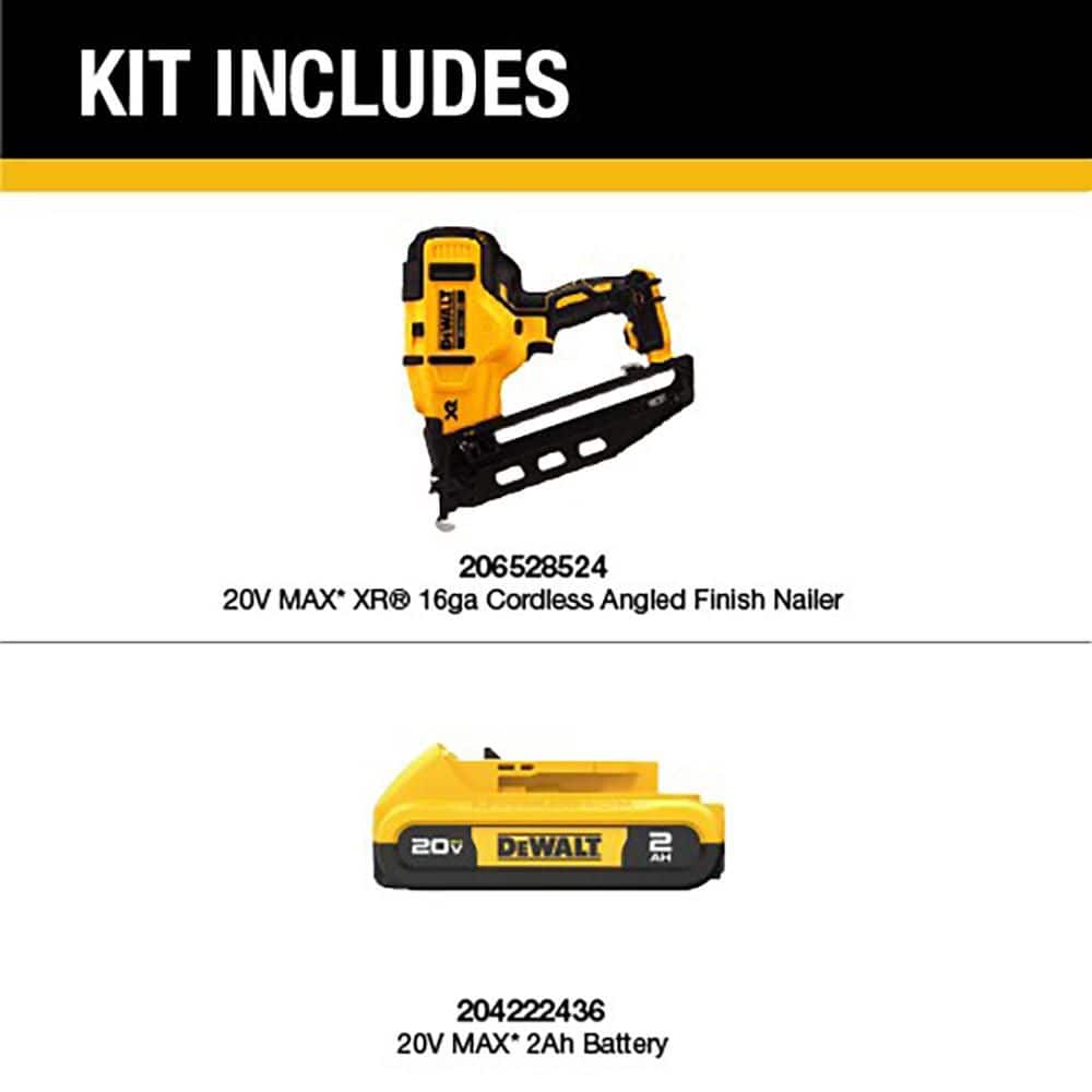 DEWALT 20V MAX XR Lithium-Ion Cordless 16-Gauge Angled Finish Nailer with 20V MAX Compact Lithium-Ion 2.0Ah Battery Pack (2)